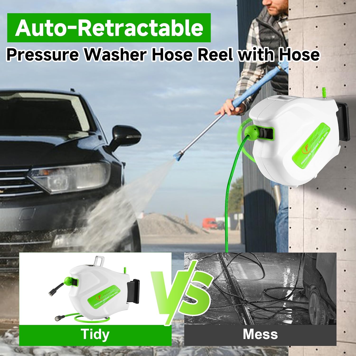 FIXFANS Pressure Washer Hose Reel with Hose, 1/4 × 65ft Retractable Power Washer Reel with Hidden Handle, Wall Mounted High Pressure Hose Reel Auto Rewind, 3600 PSI