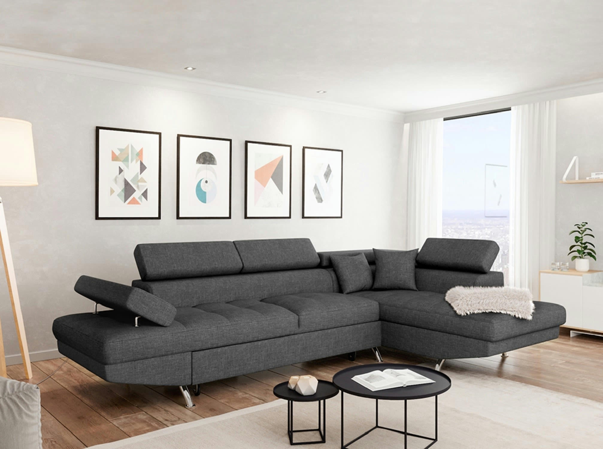 RIO - Canapé angle droit convertible avec coffre en tissu - Gris foncé