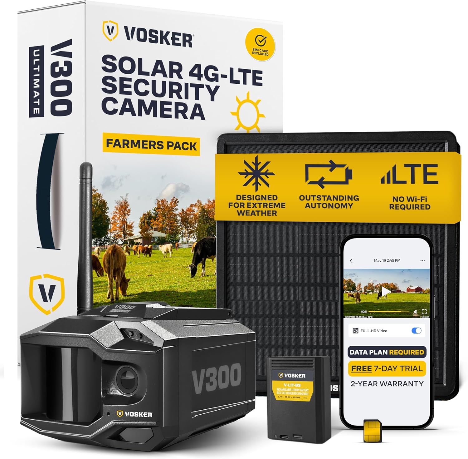 Vosker V300 Ultimate Farmers Pack Outdoor Security Camera with External Solar Panel for Farms Pastures and Greenhouses 4G LTE Black Single Unit with Battery