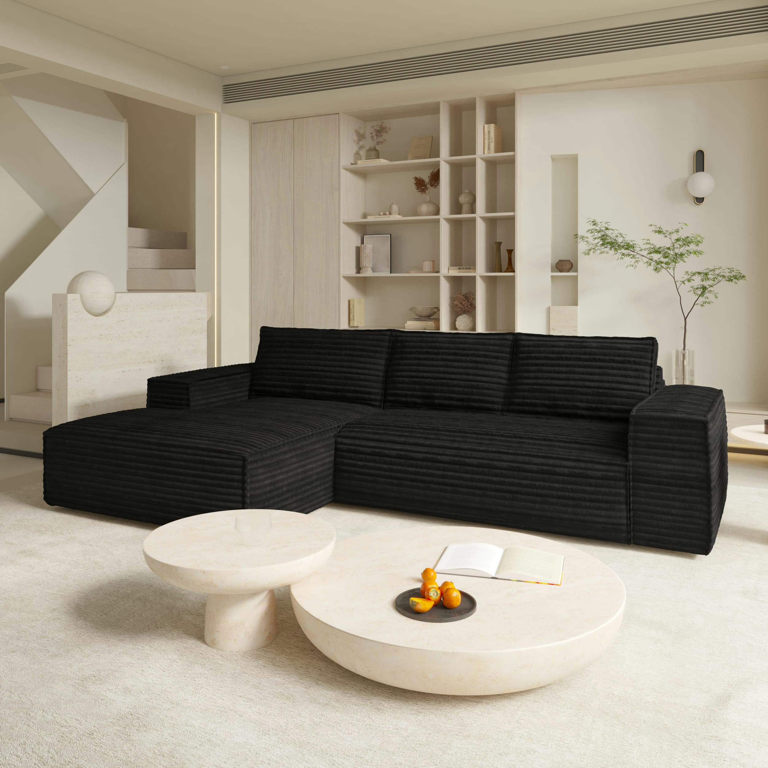 JOAN - Canapé convertible angle gauche velours côtelé XXL noir 140cm