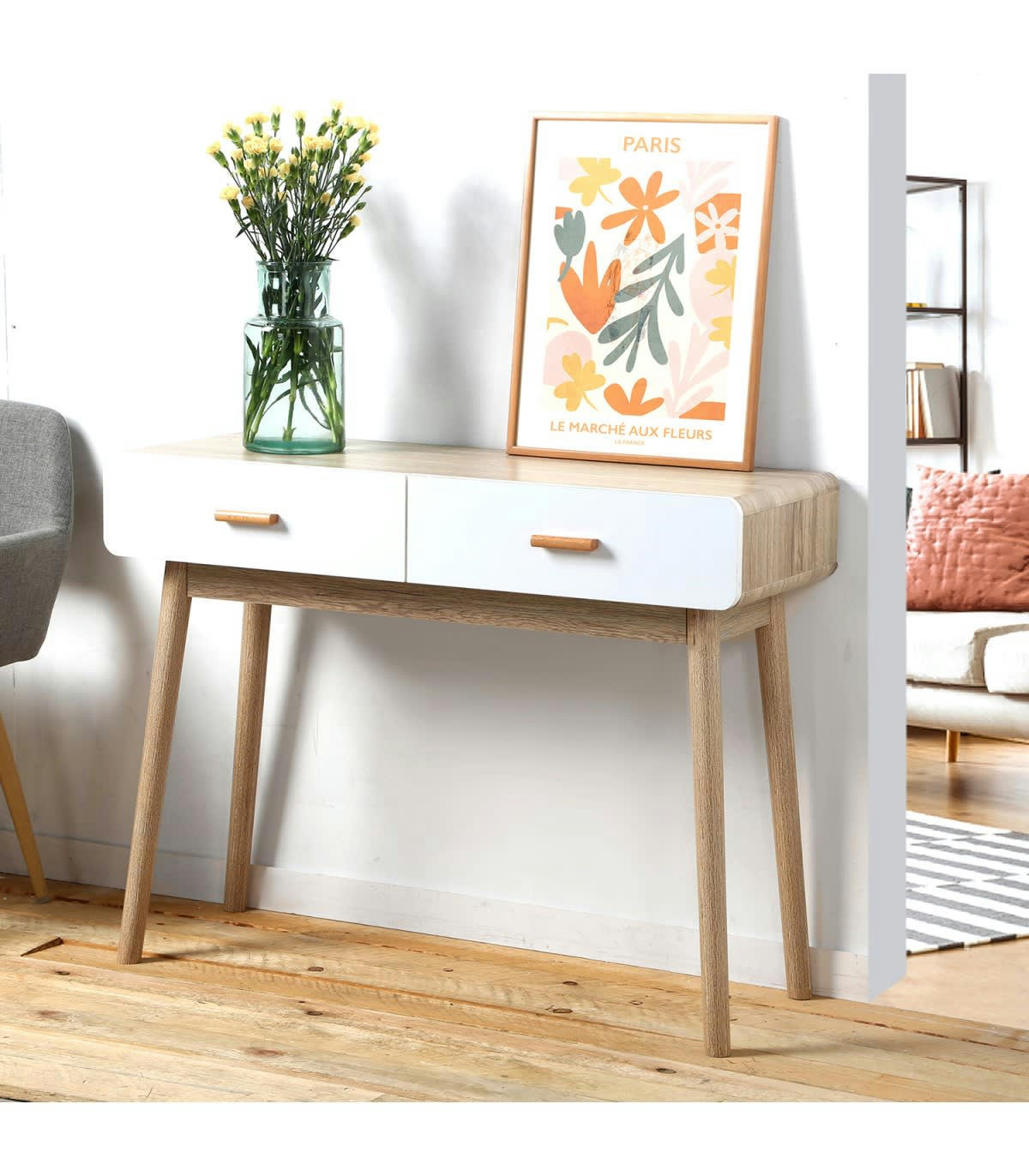 - Console 2 Tiroirs Scandinave Bois et blanc - L100 x H75cm