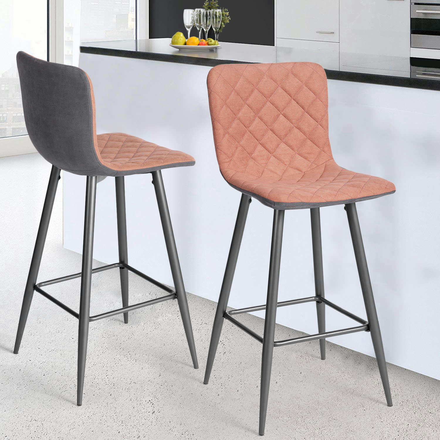 - Lot de 2 tabourets de bar avec dossier tissu rose assise 68cm