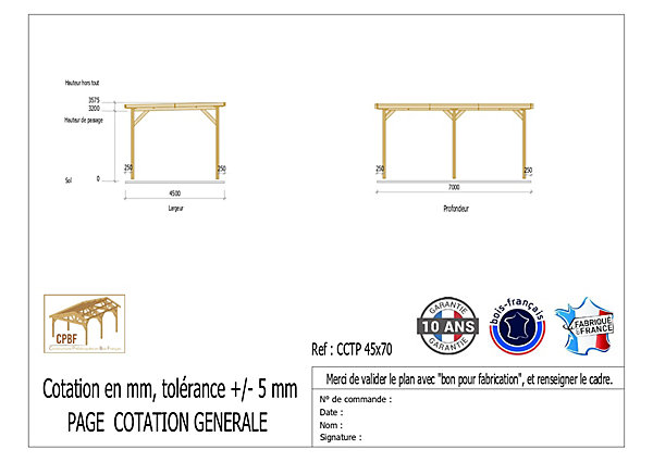 Carport toit plat 450cmx700cm bois DOUGLAS français (charpente - auvent - abri camping-car). 32 m². Garantie 10 ans.