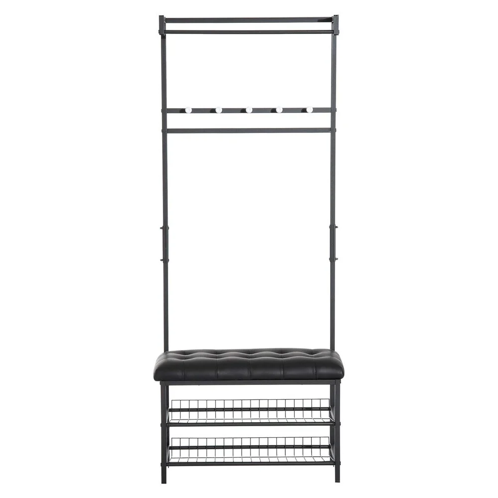 HomCom 81 Tall Adjustable Two-Tier Faux Leather Ottoman Bench Shoe Shelf Coat Rack - Black