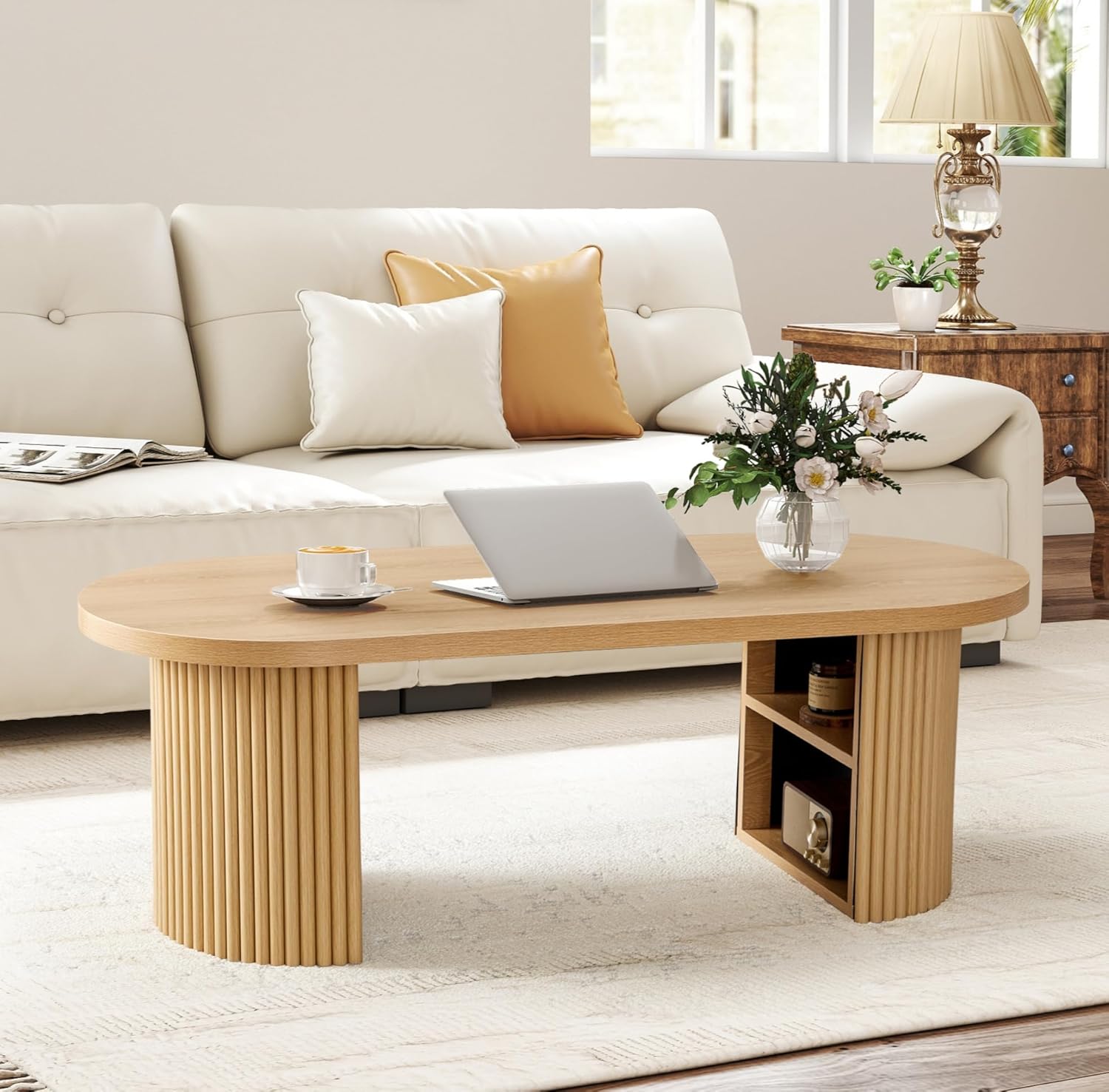 Oval Fluted Coffee Table, 47 Farmhouse Wood Coffee Table Mid Century Modern Center Table Boho Living Room Tables for Living Room Office,Natural