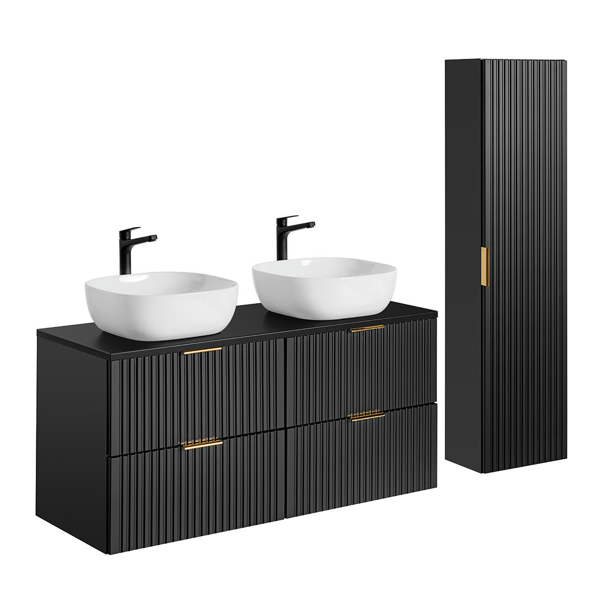 - Ensemble meuble double vasque 120cm et colonne stratifiés noir mat