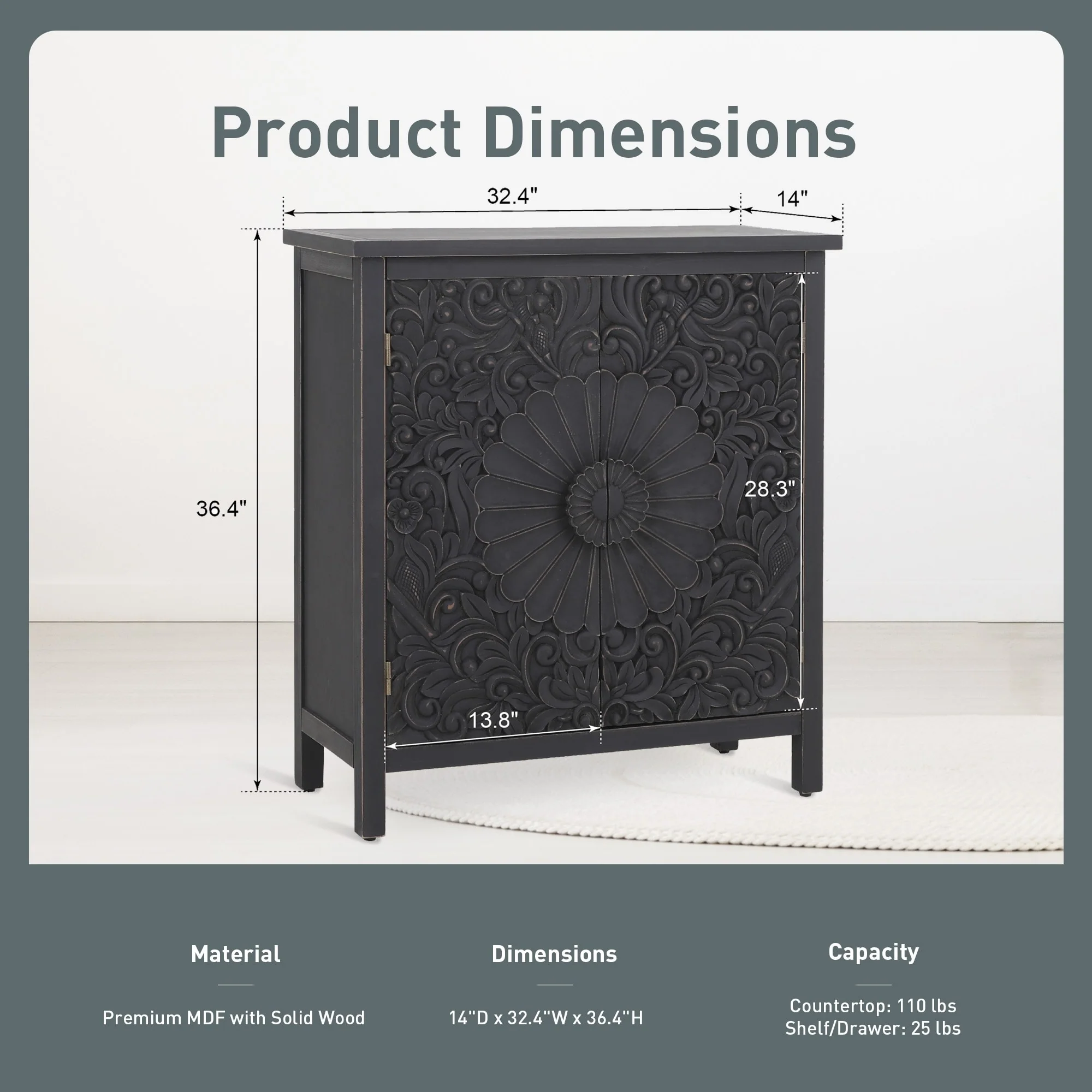 Vintage 2-Door Black Flower Carving Handle Distressed Storage Cabinet