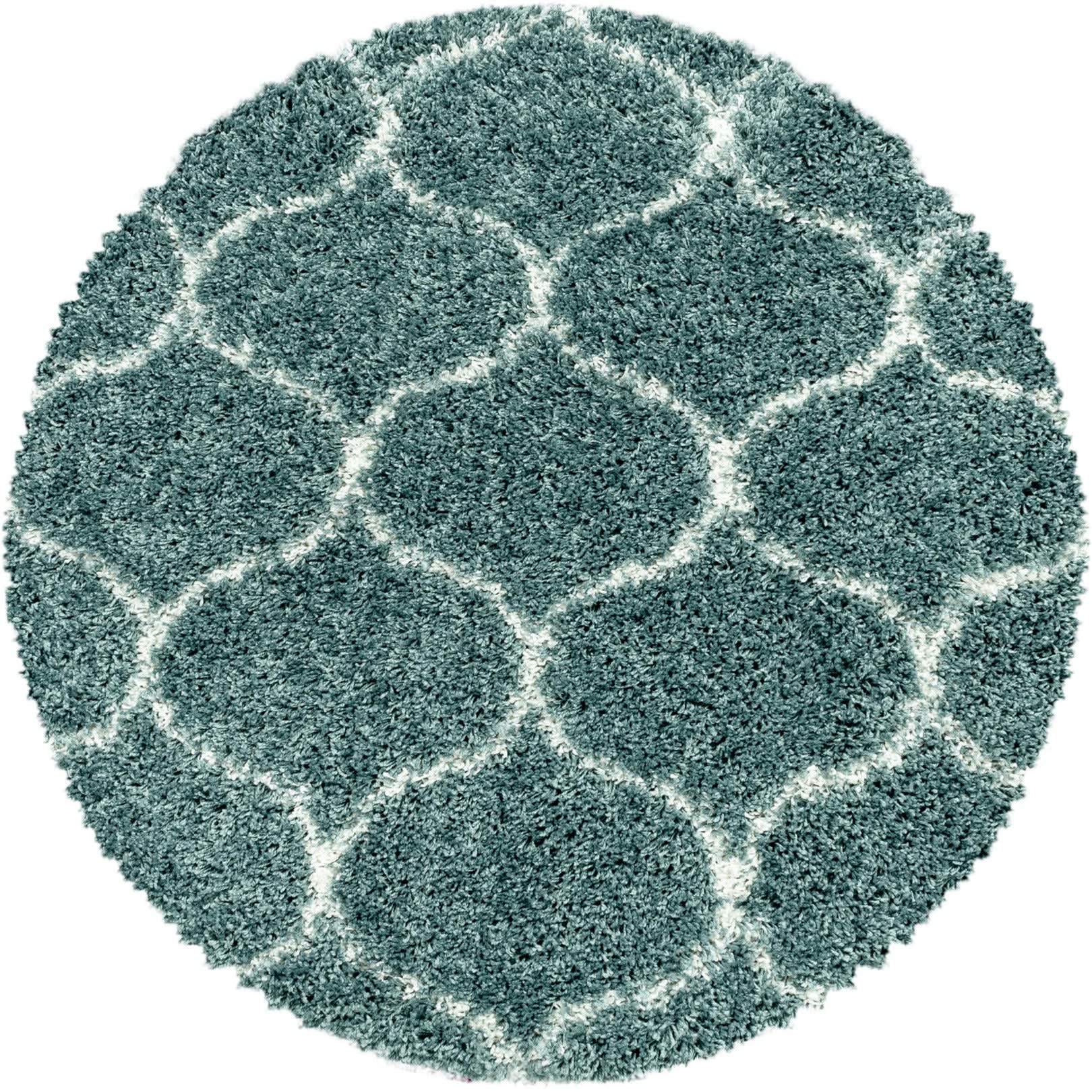 SALMA - Tapis rond à poils longs et motifs alhambra turquoise 160x160cm