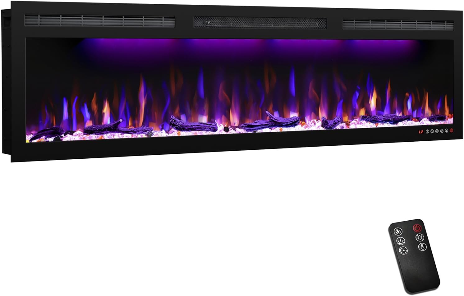 60 Inch Slim Electric Fireplace, Recessed in‑Wall or Wall Mounted, Ultra‑Narrow Frame, Realistic LED Flames with 3 Flame Colors & 3 Top Light Colors, Remote Control, Timer
