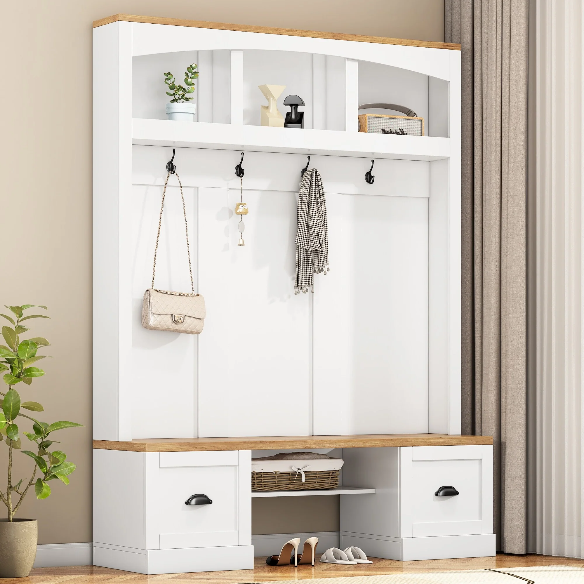 4-in-1 Hall Tree with Bench, Home Coat Rack with Hooks and Shell Handles, Storage Bench with Adjustable Shelve