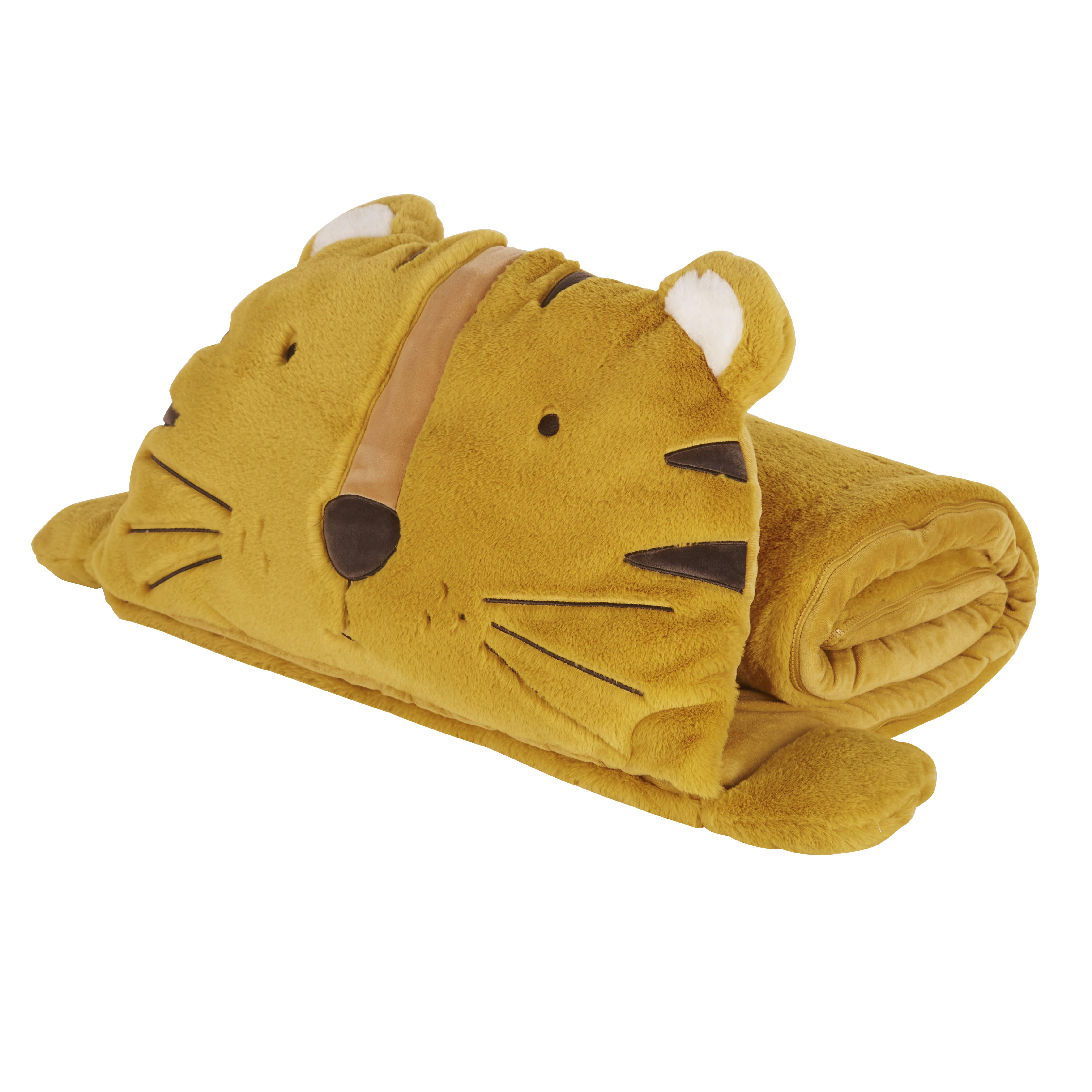 - Sac de couchage enfant tigre jaune moutarde, gris anthracite et écru