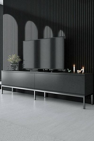 Meuble TV Espero, Buffet de salon, Armoire basse pour TV, Base murale de rangement, 180x30h47 cm, Anthracite et Argent