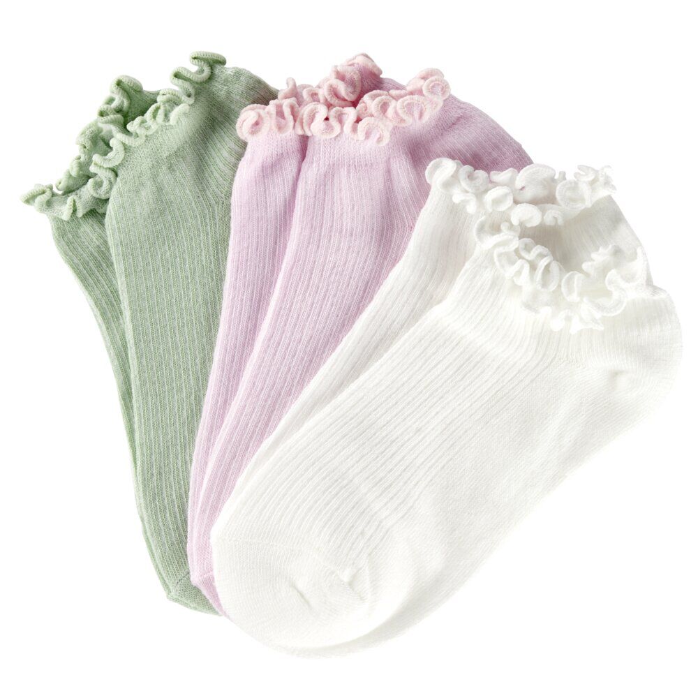 Socquettes femme bord froufrou 3 paires vert rose beige (T35/38 ou 39/42)