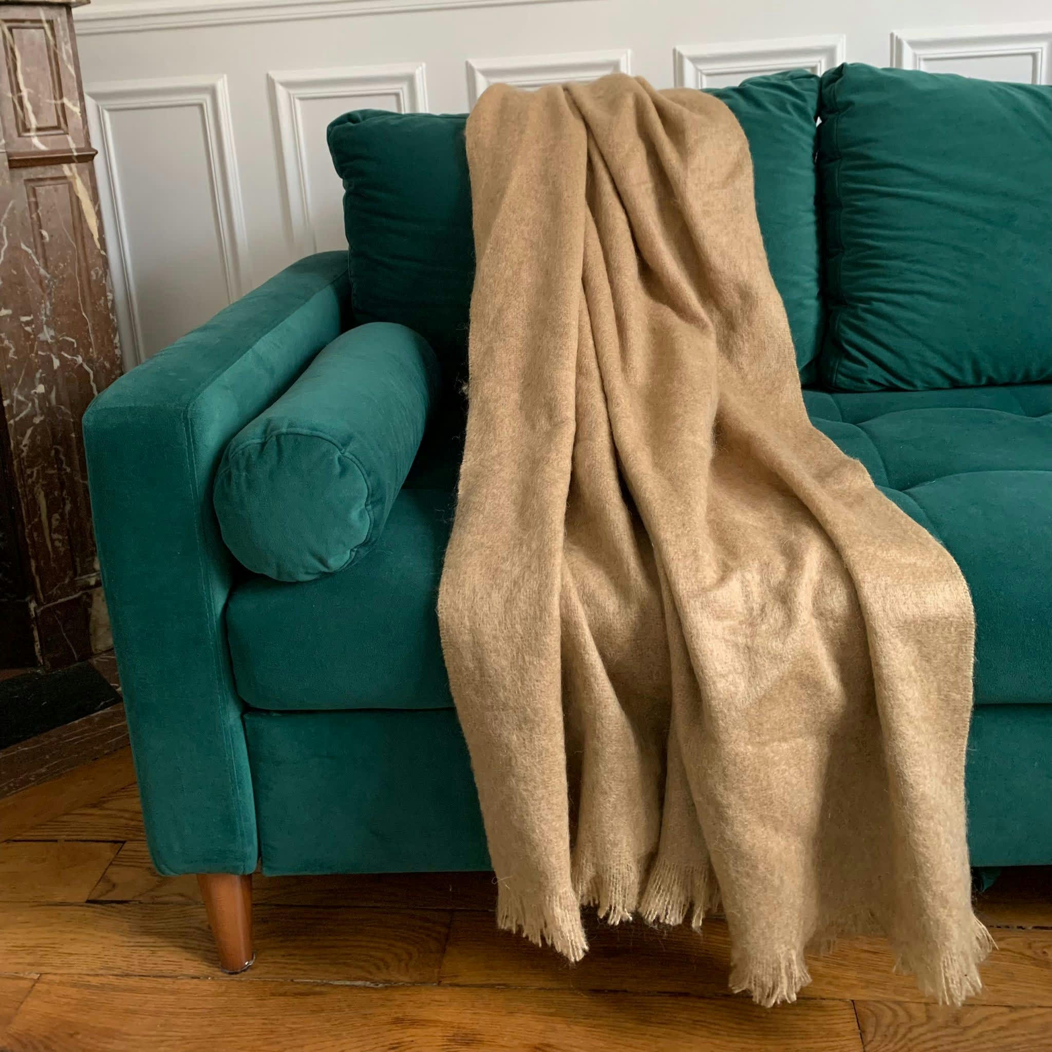 UNI 20% MOHAIR - Plaid Uni 20% mohair beige-120x180 Made in France