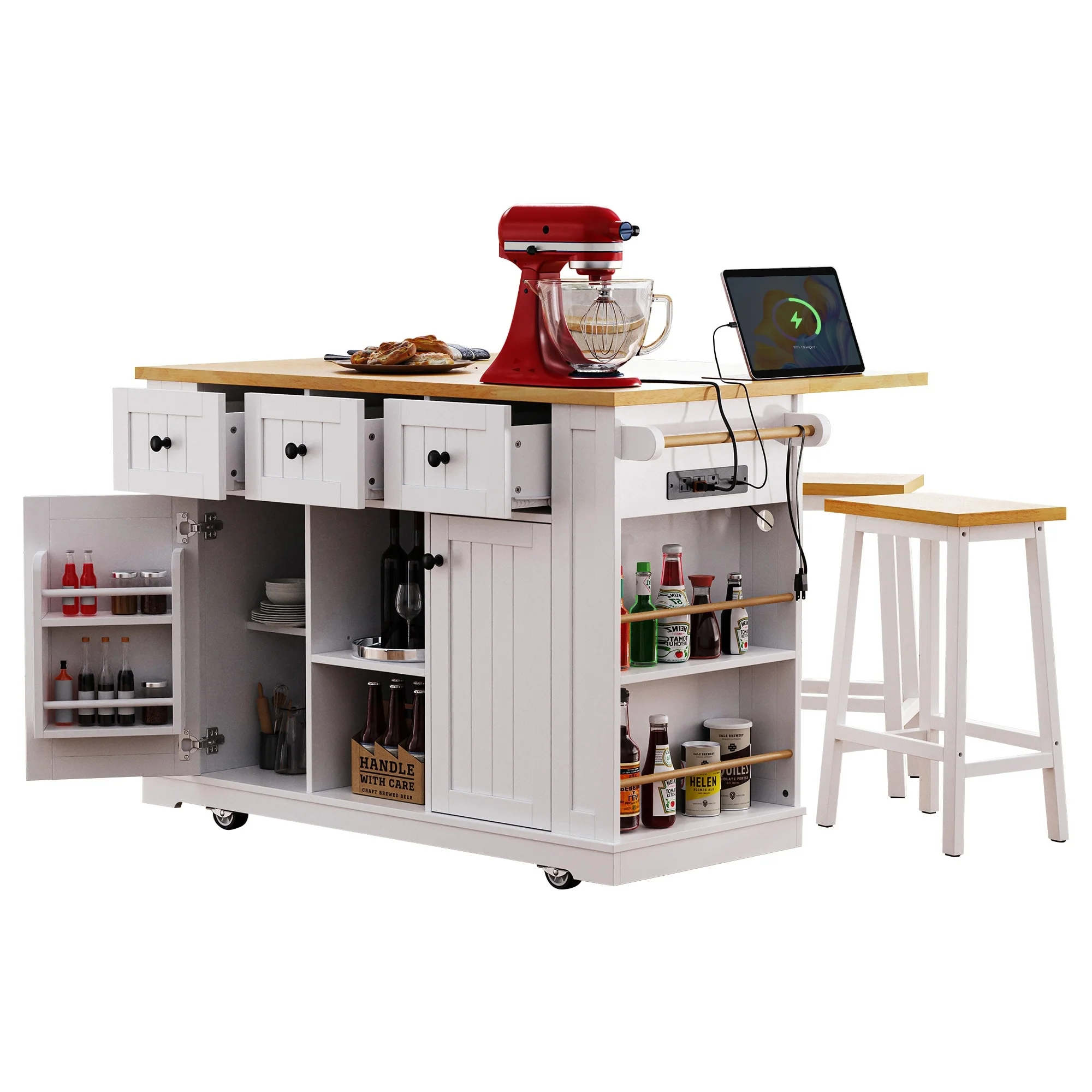 Large Kitchen Island with 2 Bar Stools,Power Outlet,Door Internal Storage Rack,Drop Leaf