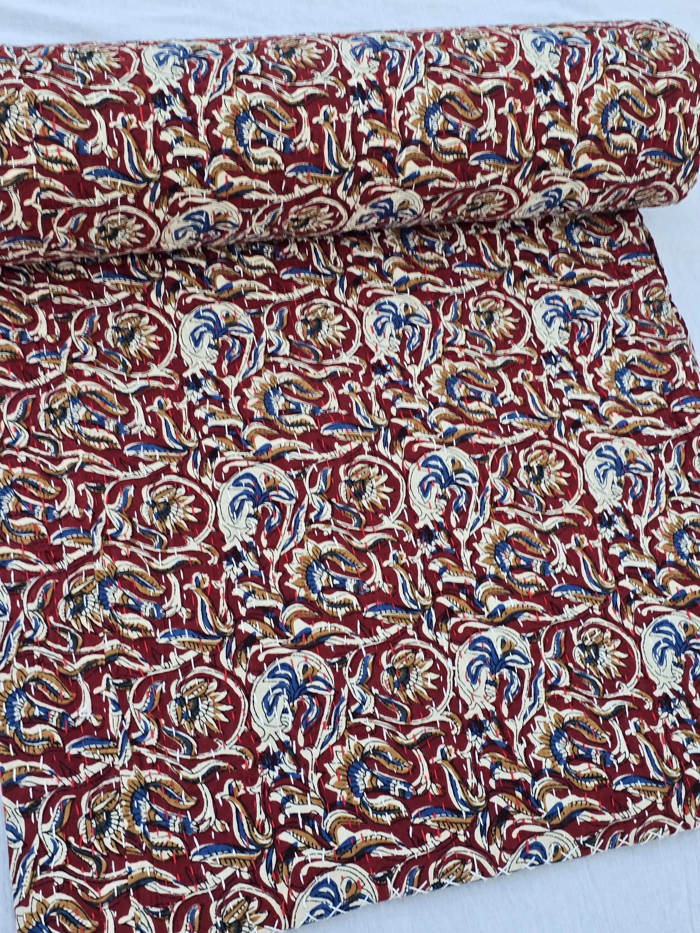 Block Print Quilt Handmade Burgundy Kantha Quilt Floral Cotton Bedding, Indian Quilt Hand Stitched
