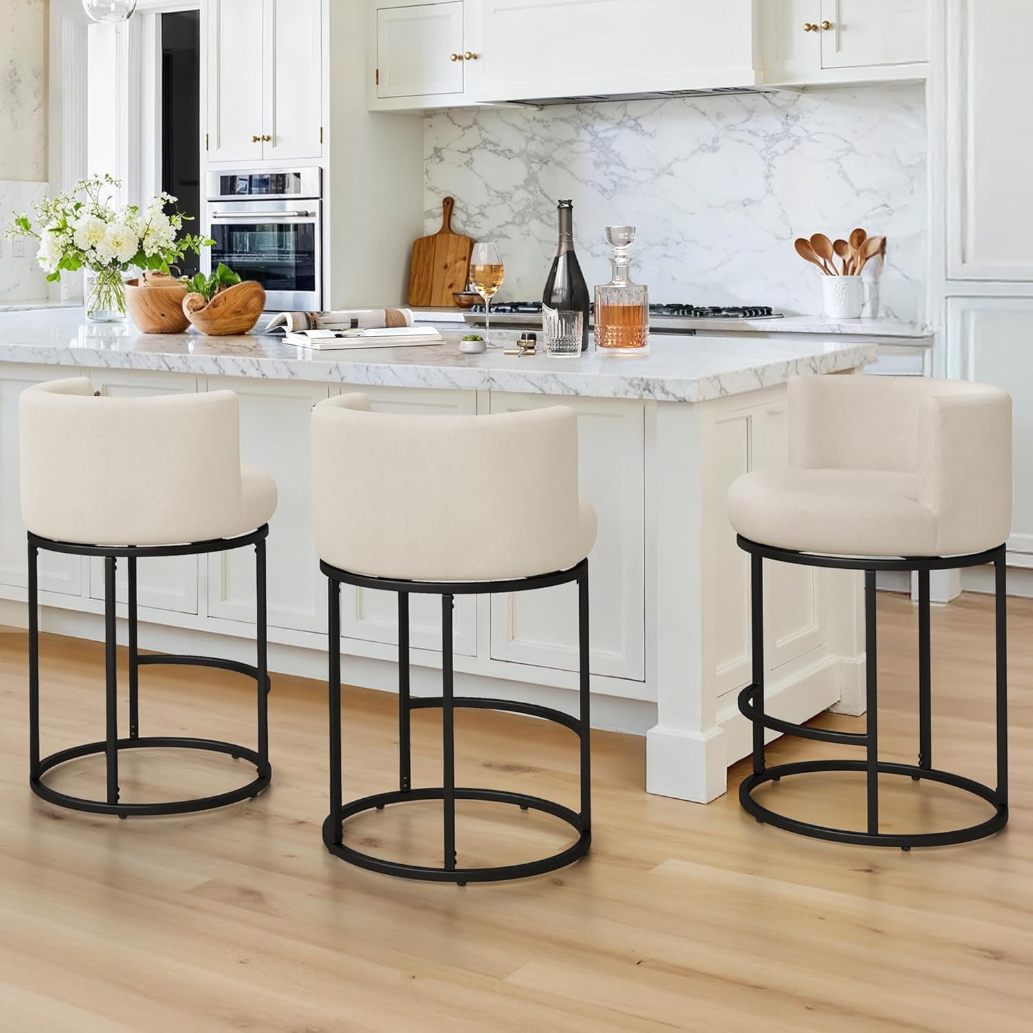 LUE BONA 26.8 Counter Height Bar Stools Set of 3, 180° Swivel Bar Stools, Modern Barrel Counter Stools with Back and Metal Frame, Fabric Upholstered Barstools for Kitchen Island, Linen Color