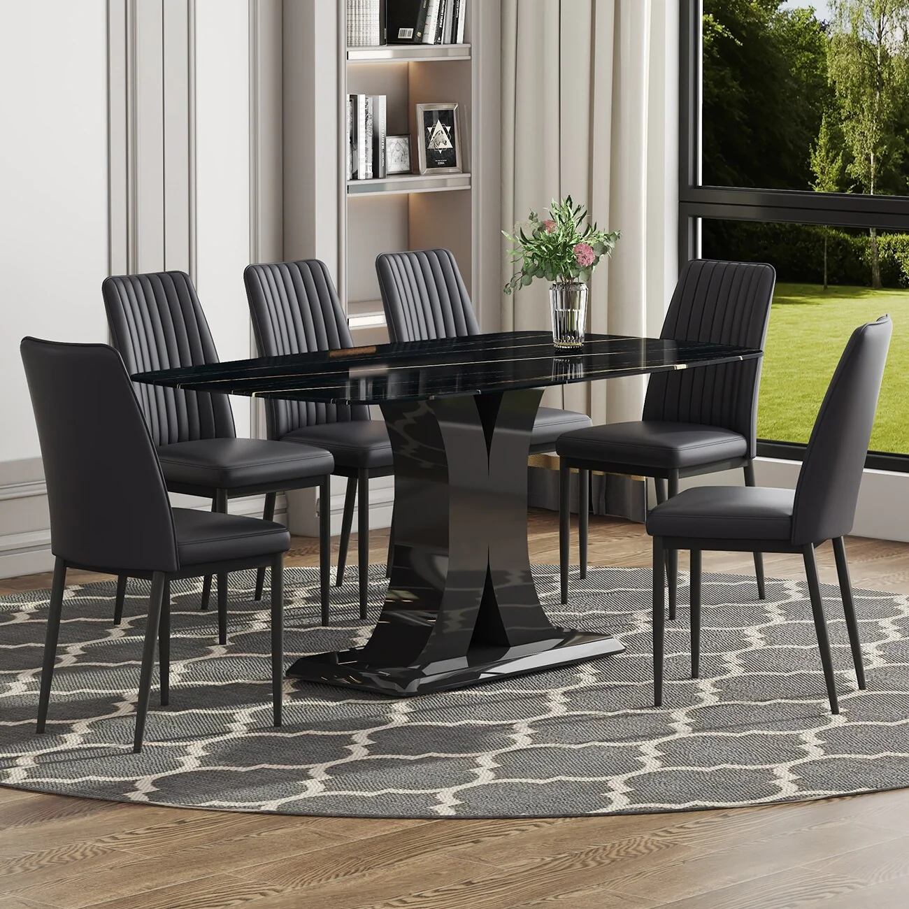 Black 7-Piece Dining Table Set with Convertible Base & Faux Marble Top, 6 Chairs