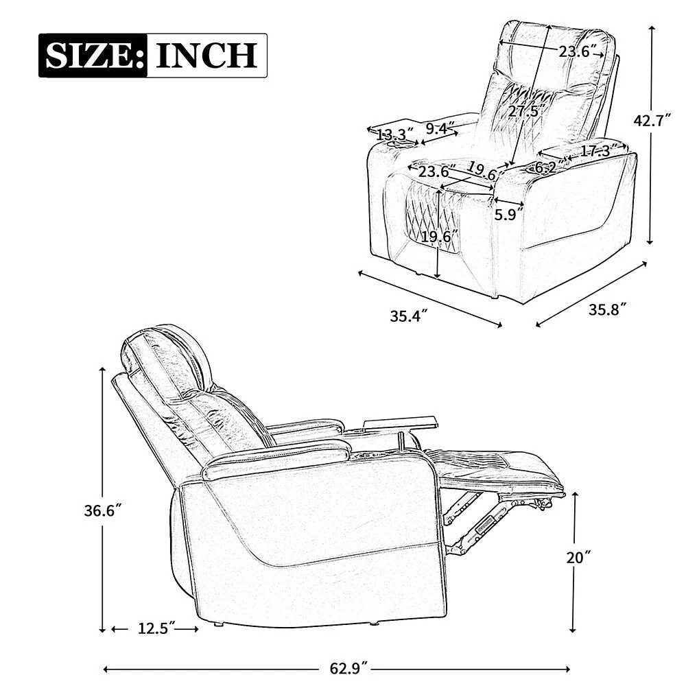 Power Recliner with USB Port, Storage, 360° Tray and 2 Cup Holders
