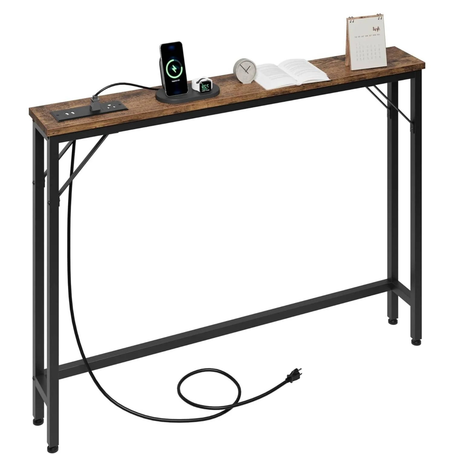 Narrow Sofa Table with Outlets for Living Room, Entryway