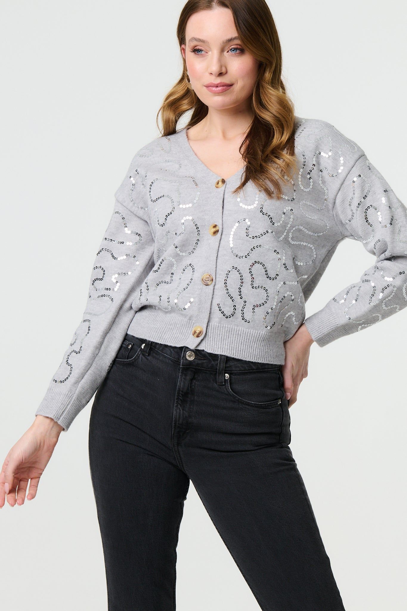 Izabel London Sequin Embellished Cropped Cardigan