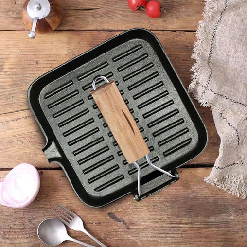 SOGA Cast Iron Ribbed Square Steak Grill Pan Wooden Handle 24cm