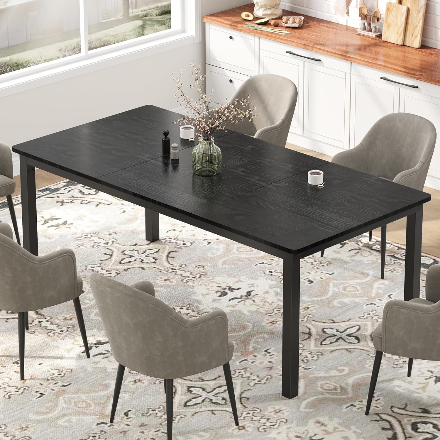 Garvee 79 in Dining Table for 6, Farmhouse Wooden Kitchen Tables for Family, Rectangular Industrial Style Dining Room Table with Sturdy Metal Frame, Long Desk for Restaurant, Kitchen, Office,Black