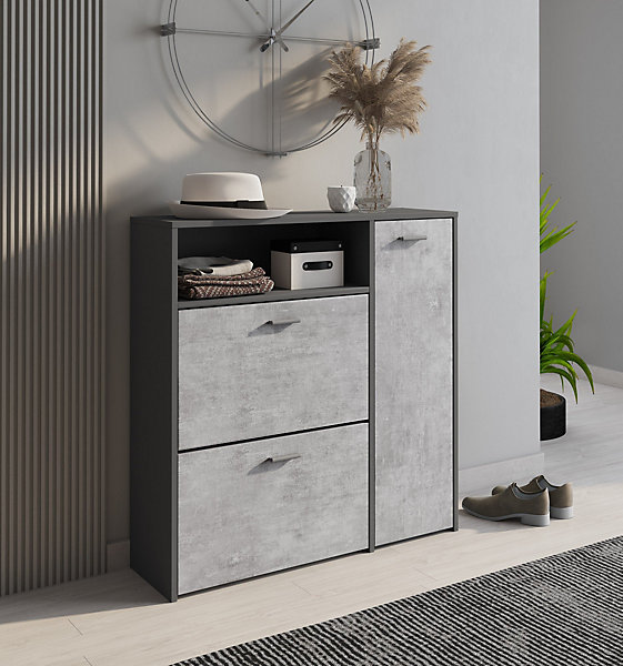 Meuble à chaussures Aldaya, Etagere à chaussures peu encombrante, Meuble avec 3 portes pliantes, 92x27h94 cm, Anthracite, Ciment