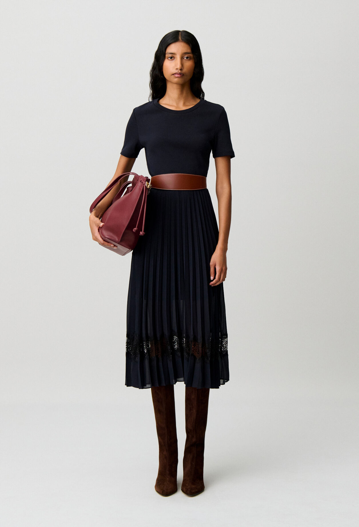 Robe midi bi-matière noire et marine