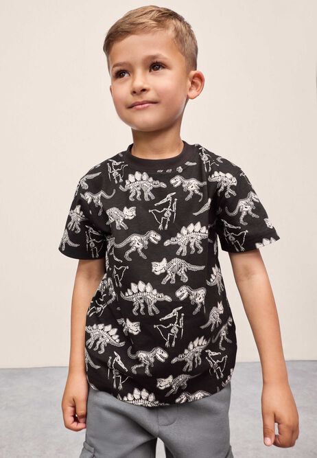 Younger Boys Black Cotton Dinosaur Print T-Shirt