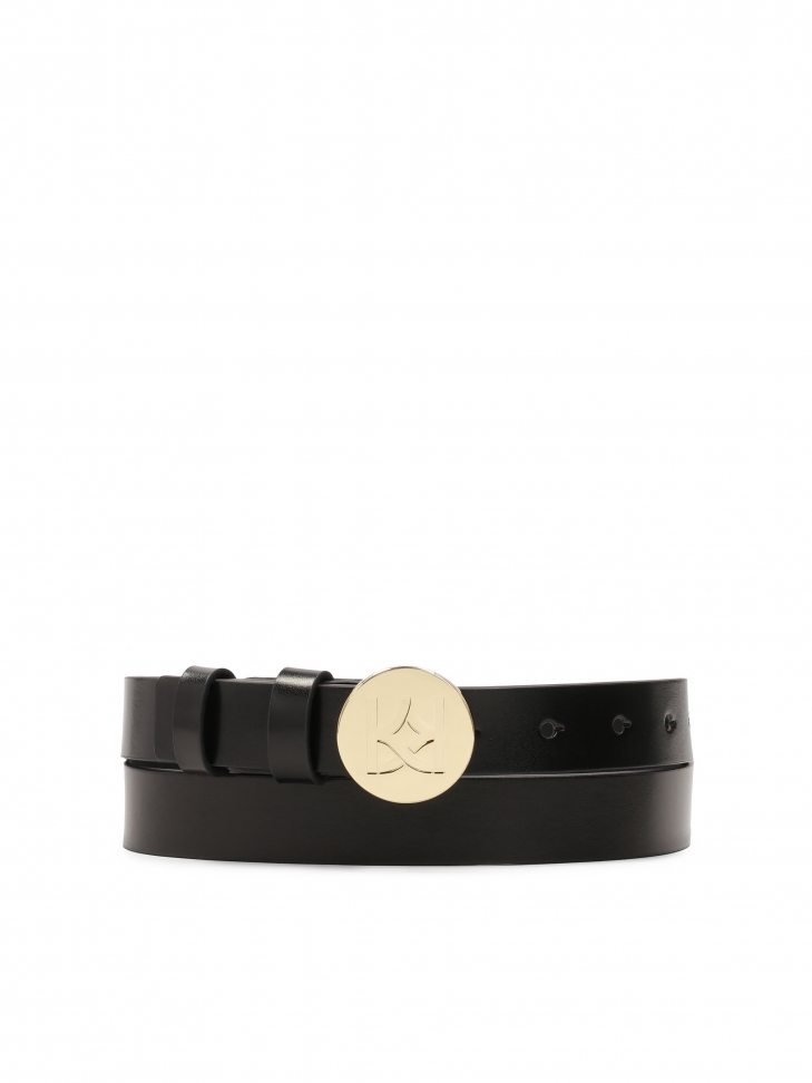 Black leather belt with round buckle