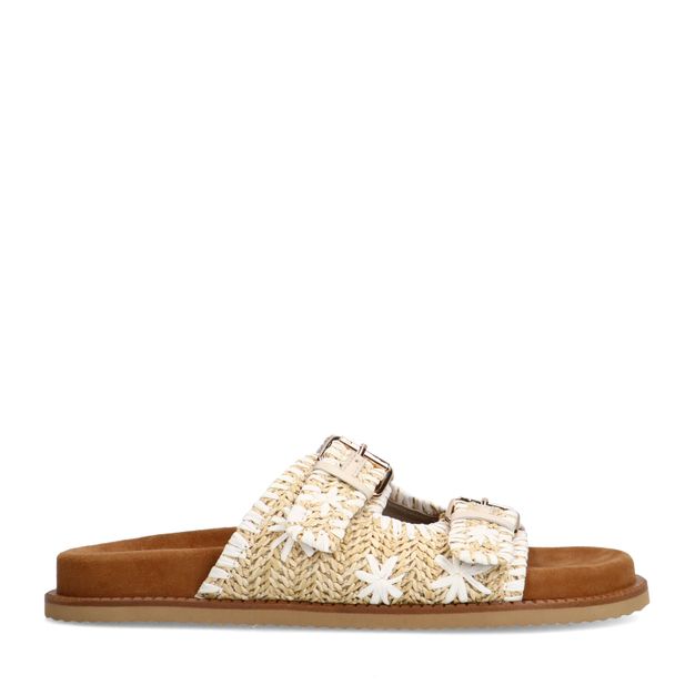 Beige raffia slippers met witte details