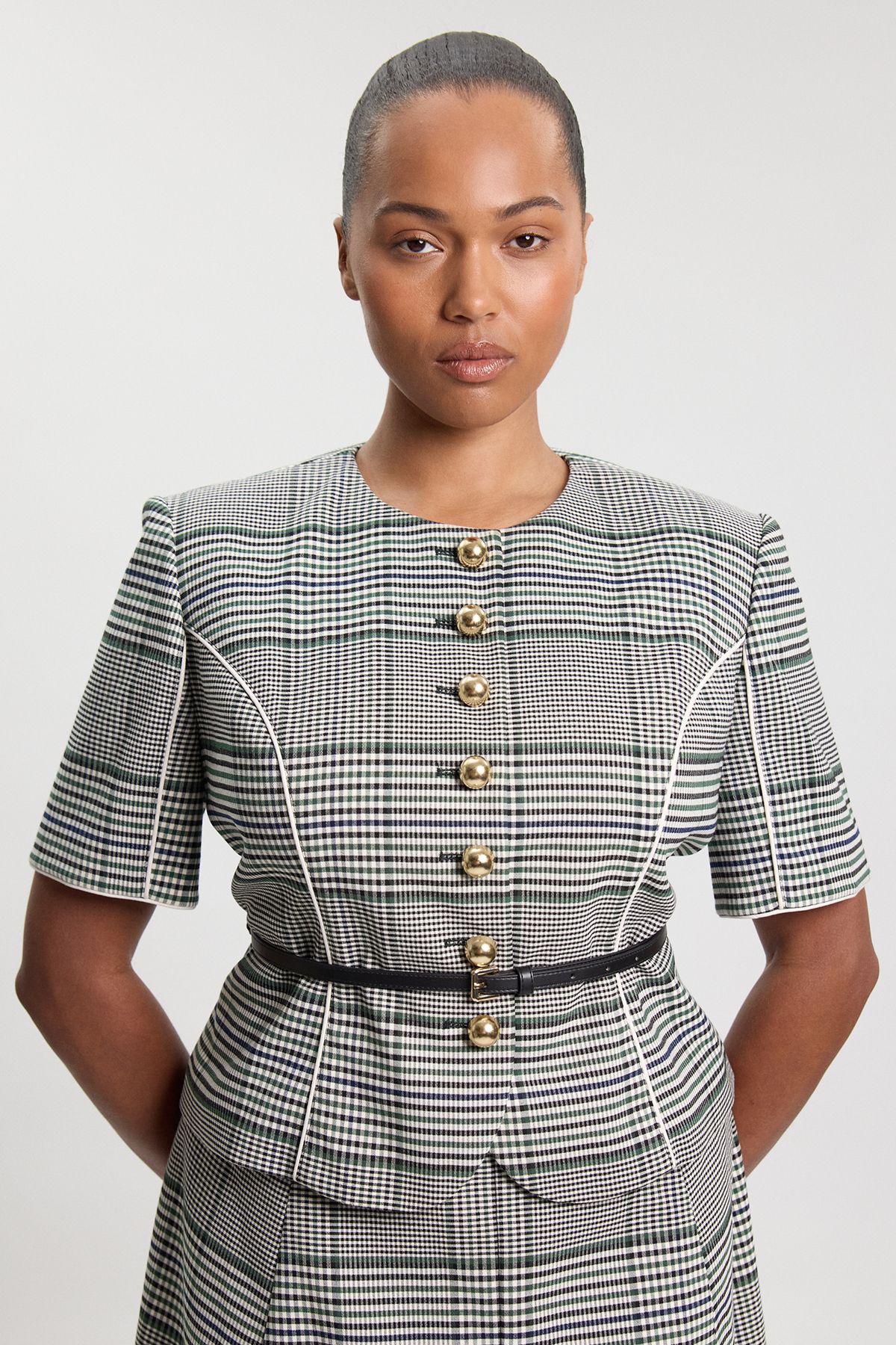 KarenMillen Plus Size Tailored Check Peplum Belted Midi Dress
