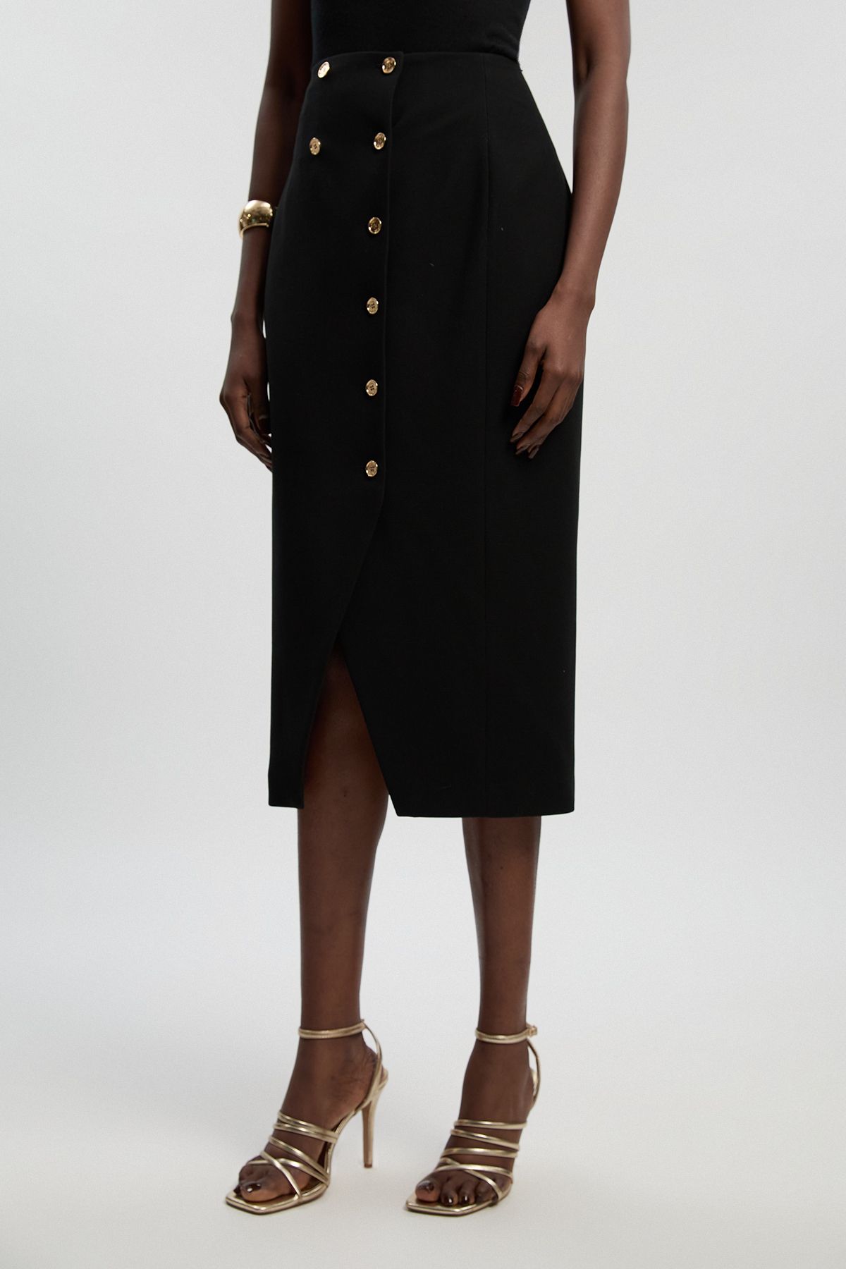 KarenMillen Textured Compact Stretch Button Detail Midi Skirt
