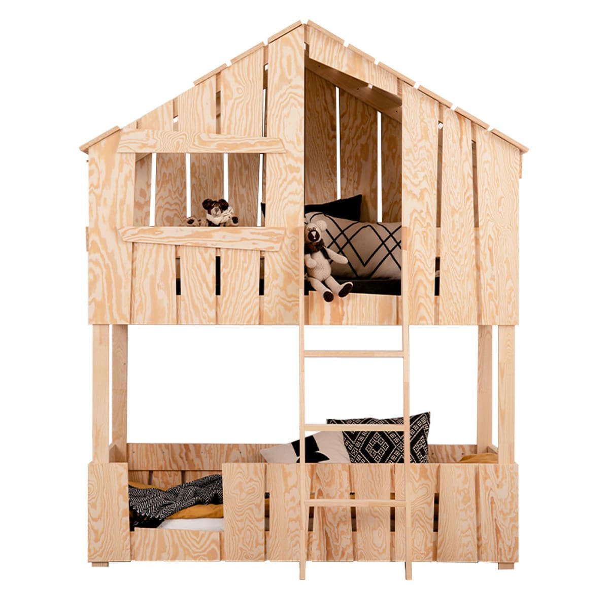 FLORIANE - Lit cabane superposé 90x200 sommier inclus naturel