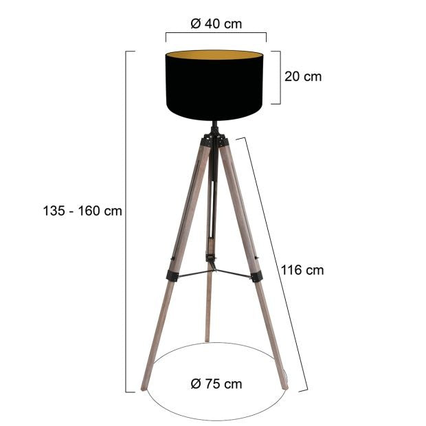 Mexlite Vloerlamp Triek Driepoot incl. Linnen Kap Zwart - Goud Ø 40cm
