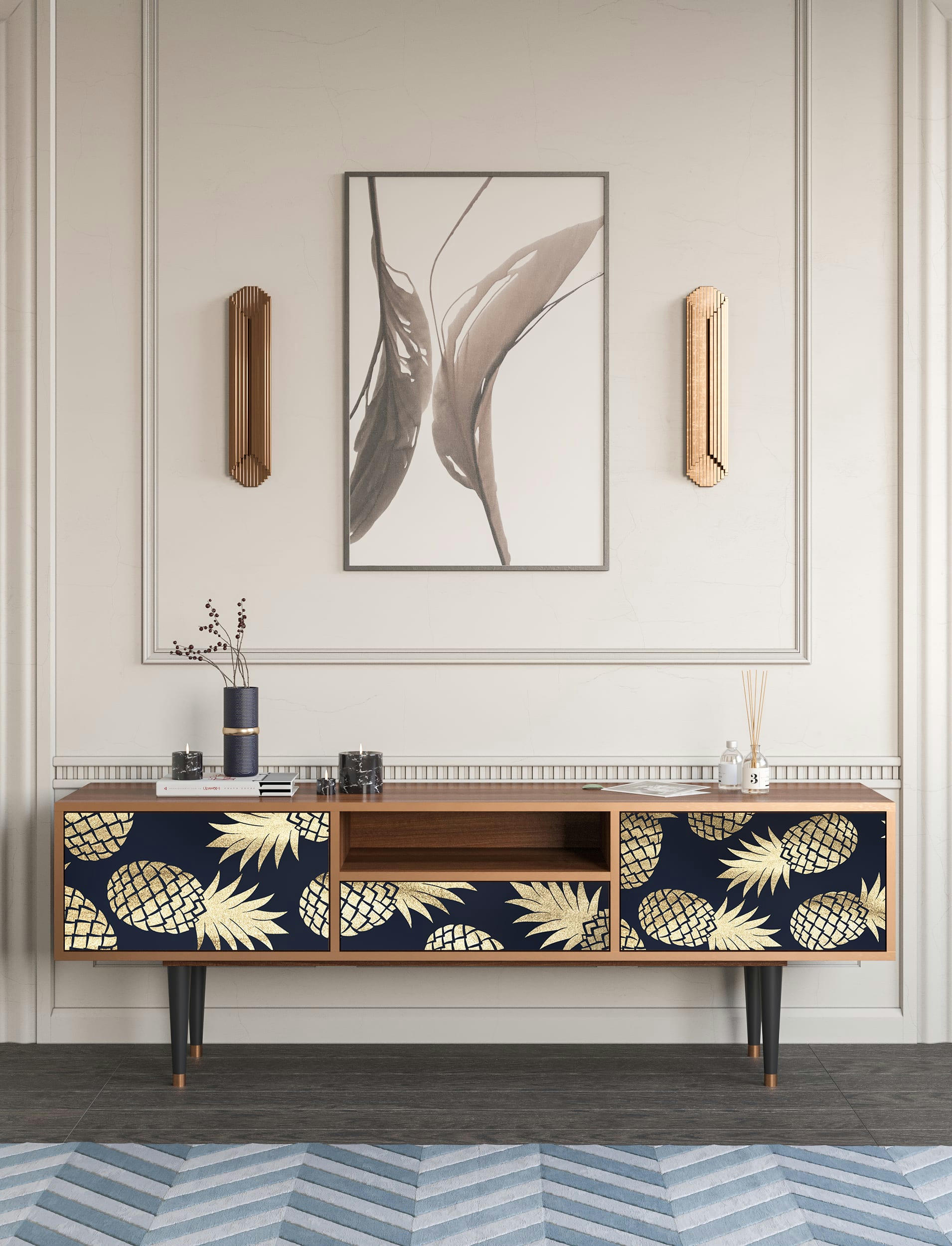 SUNNY PINEAPLE - Meuble TV  bleu et jaune 1 tiroir et 2 portes L 170 cm