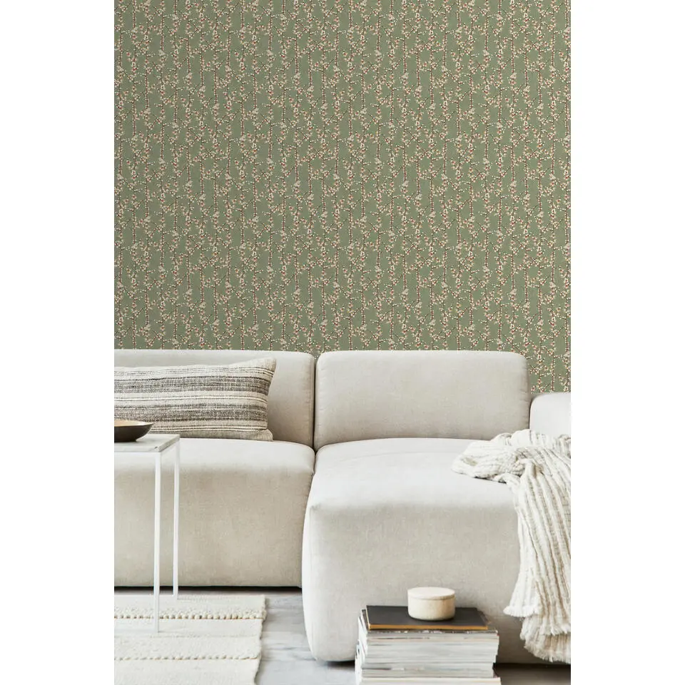 Sanders & Sanders behang bloesemtak vergrijsd olijfgroen en wit - 53 cm x 10 m