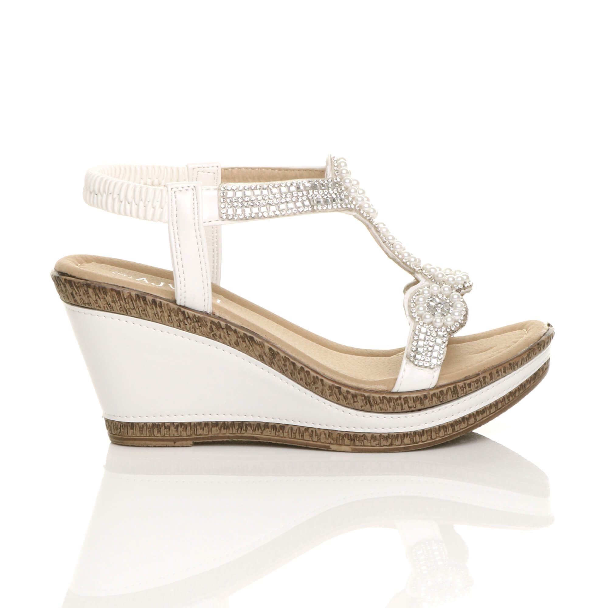 AJVANI High Wedge Heel Diamante T-Bar Slingback Sandals