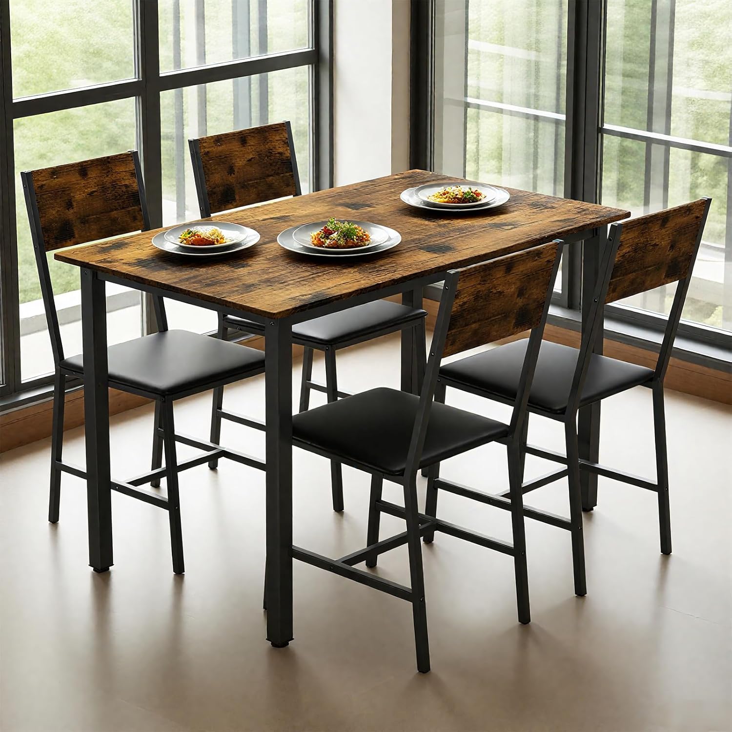 Dining Chairs, Dining Table Chairs Set of 5, Upholstered Dining Chairs, Industrial Style for Dining Room, Restaurant, Living Room, Black