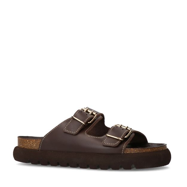 Donkerbruine leren slippers met goudkleurige buckles