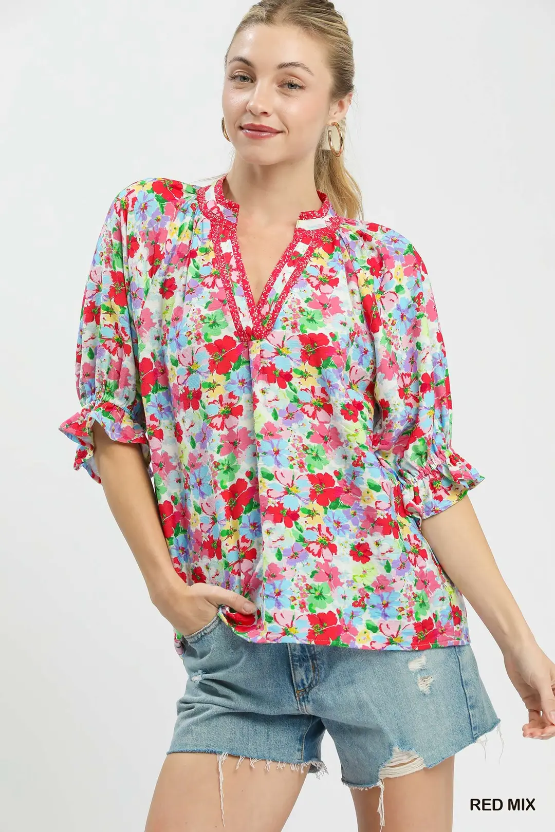 Mix Floral Print Ruffle Top