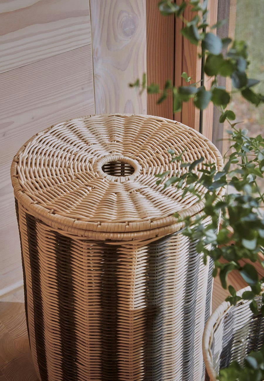 STRIPED - Panière à linge beige en rotin Ø37xH42cm