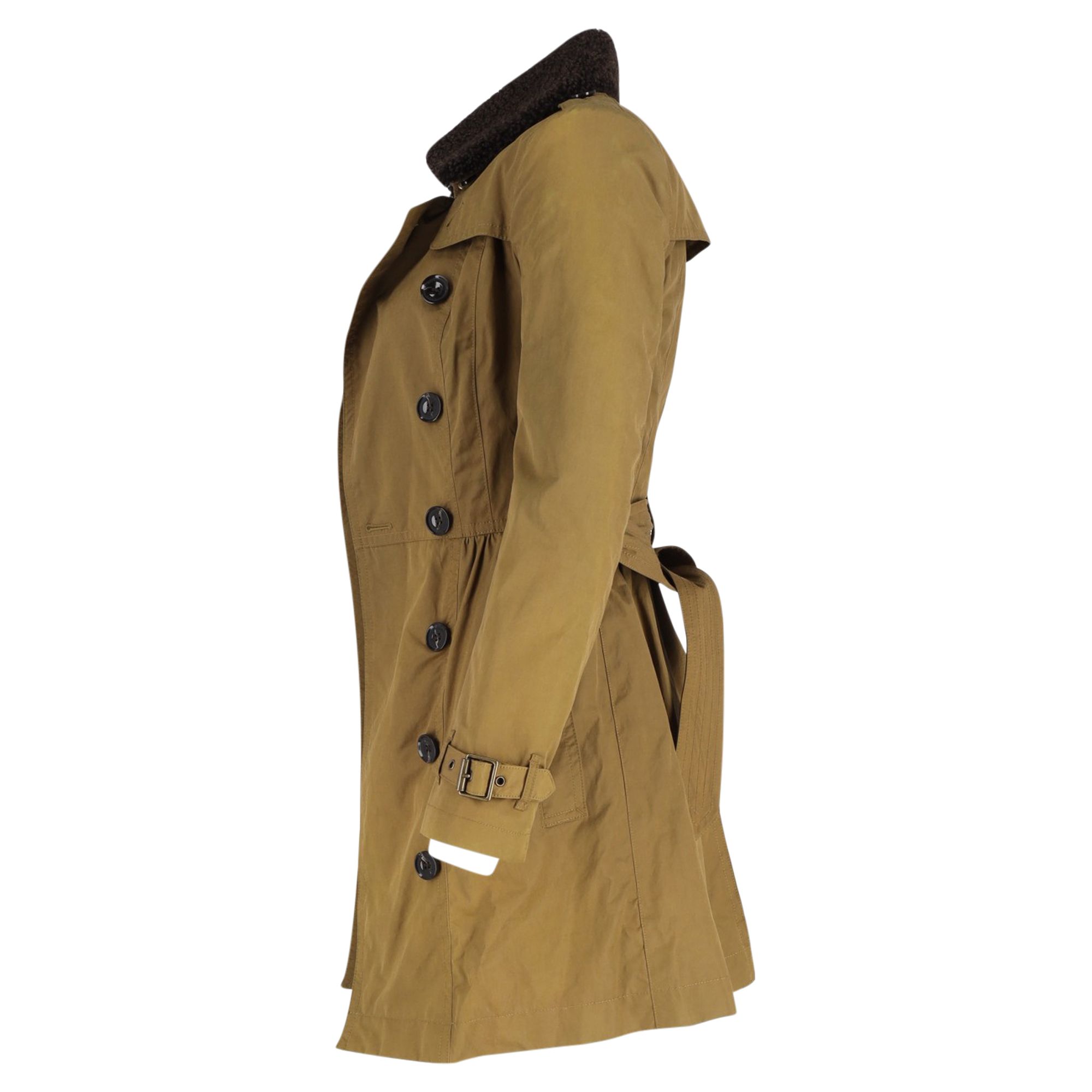 Burberry Preloved Brit Long Shearling Collar Trench Coat in Olive Cotton