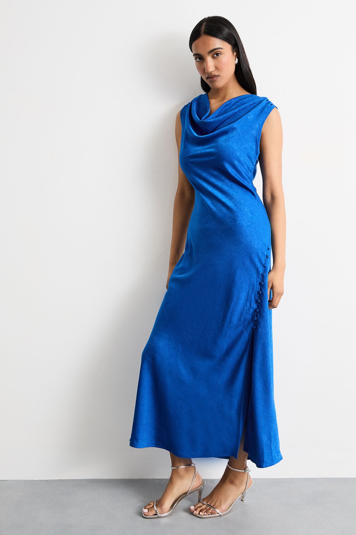 Warehouse Cowl Bias Satin Dress With Button Detail