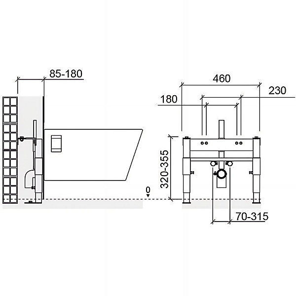 Bâti support pour bidet suspendu SANINDUSA fixations sol et mur poids supporté 400kg