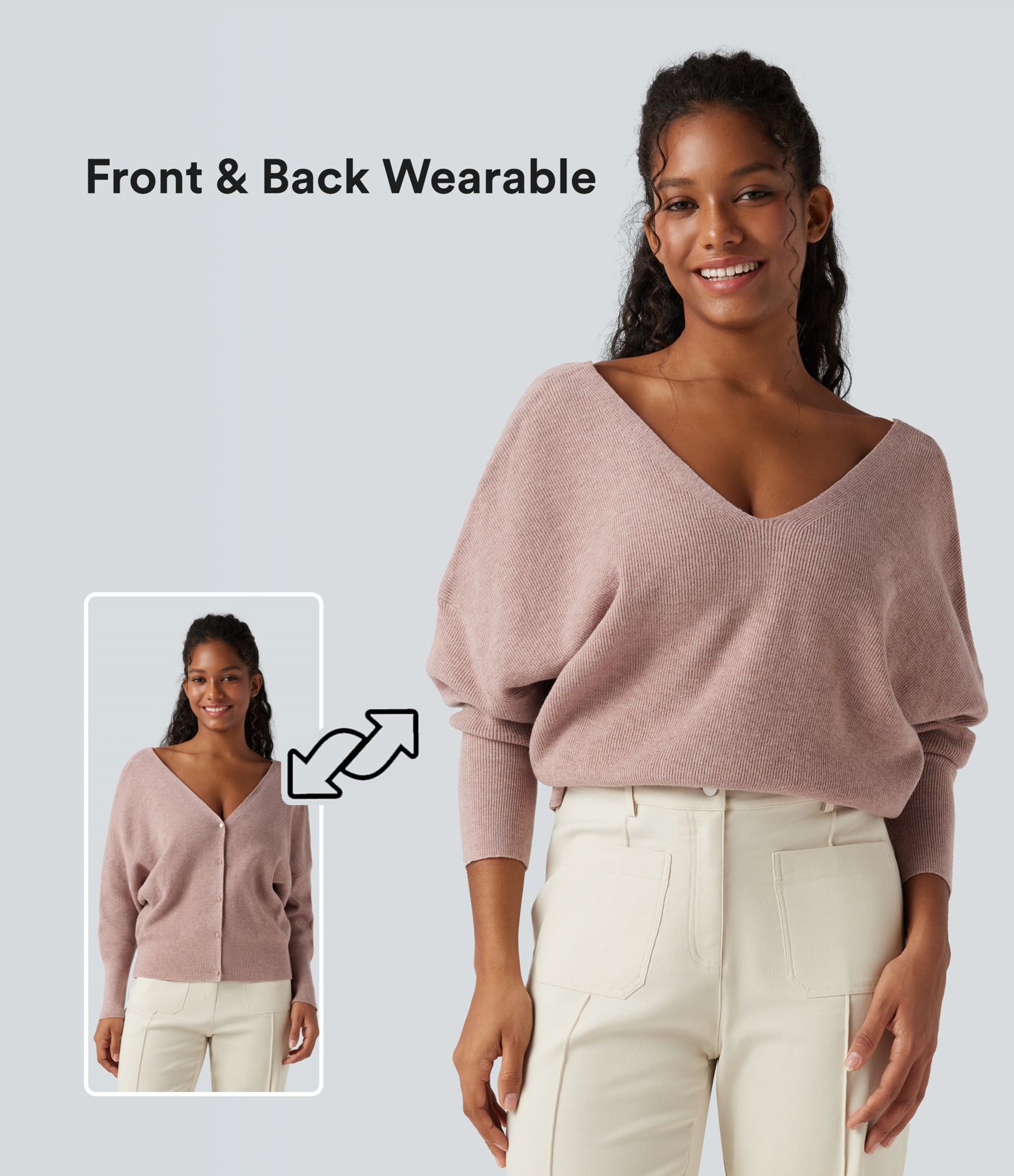 Pull cape décontracté réversible à décolleté en V et manches longues
