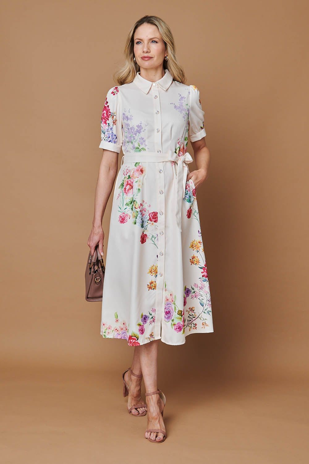 Izabel London Floral 1/2 Sleeve Tie Waist Midi Dress