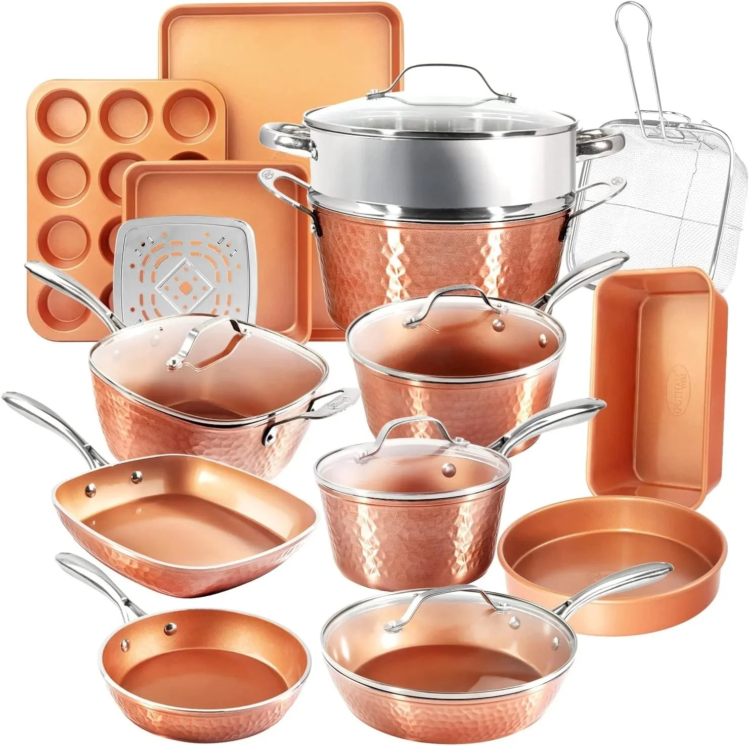 Hammered Copper 20 Pc Ceramic Cookware Set Nonstick, True Ceramic Pots and Pans Set Non Stick with Deep Square Pan Set  Bakeware Set, Non Toxic PFOA PFOS Free, Oven  Dishwasher Safe(Hammered Copper)
