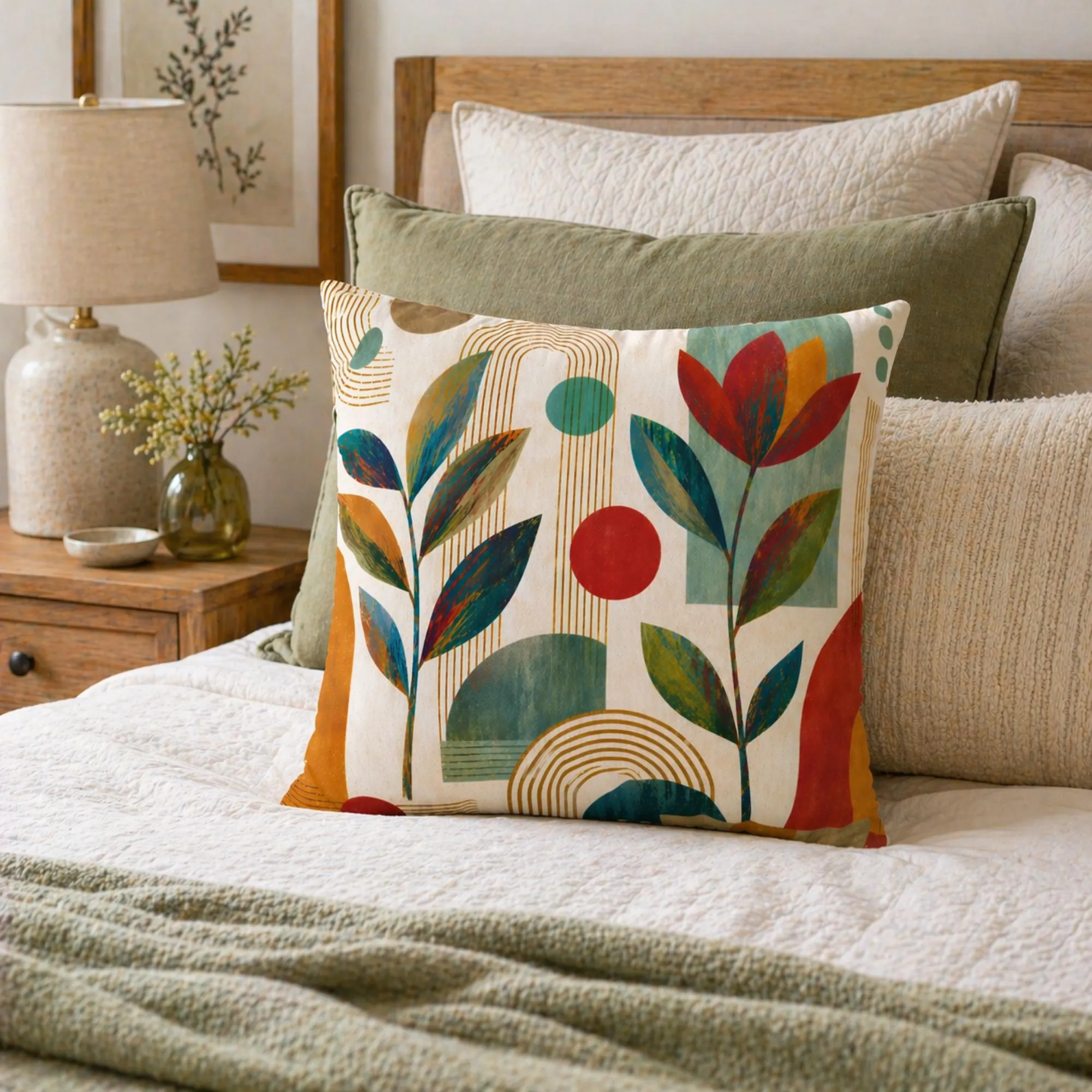 Mid Century Modern Throw Pillow Abstract Floral Boho Cushion Colorful Botanical Living Room Decor